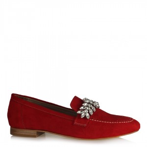 Loafer Ayakkabı Taşlı Kırmızı Süet 