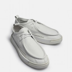 Beyaz Bağcıklı Hakiki Deri Spor Ayakkabı 