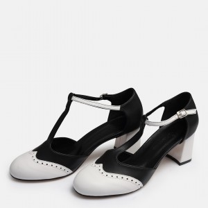 Siyah Beyaz Az Topuklu Ayakkabı