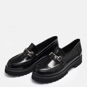 Loafer Ayakkabı Tokalı Siyah Rugan Hakiki Deri 