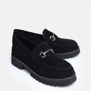 Siyah Süet Hakiki Deri  Loafer Ayakkabı Tokalı 