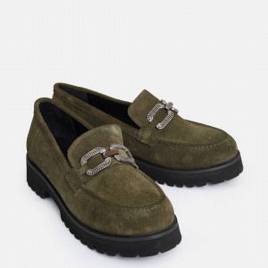 Loafer Ayakkabı Tokalı Yeşil Hakiki Deri  Süet