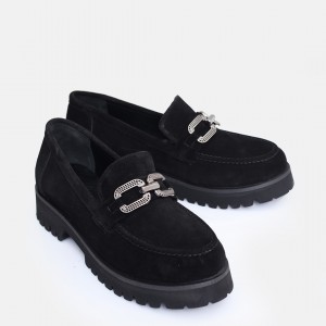 Loafer Ayakkabı Tokalı Siyah Hakiki Deri  Süet