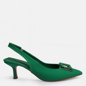 Yeşil Saten Kare Tokalı Stiletto Ayakkabı