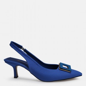 Mavi Saten Kare Tokalı Stiletto Ayakkabı