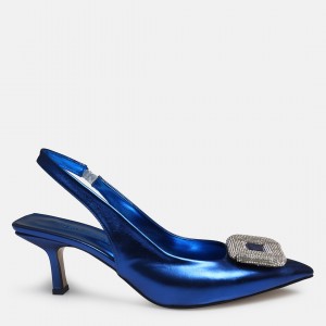 Mavi Taşlı Kare Tokalı Stiletto Ayakkabı
