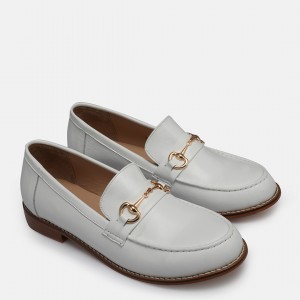 Beyaz Hakiki Deri Zincirli Loafer Ayakkabı
