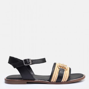 Siyah Hakiki Deri Bayan Sandalet