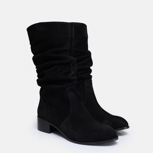 Siyah Hakiki Deri Süet Topuklu Kadın Bot